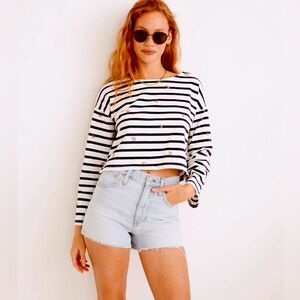 Madewell Cross-Stitch Embroidered Supercrop Long-Sleeve Stripe Tee, S, PRISTINE
